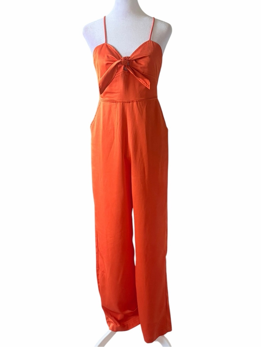 NSR Bright Orange Spaghetti-Strap Tie-Front Jumpsuit